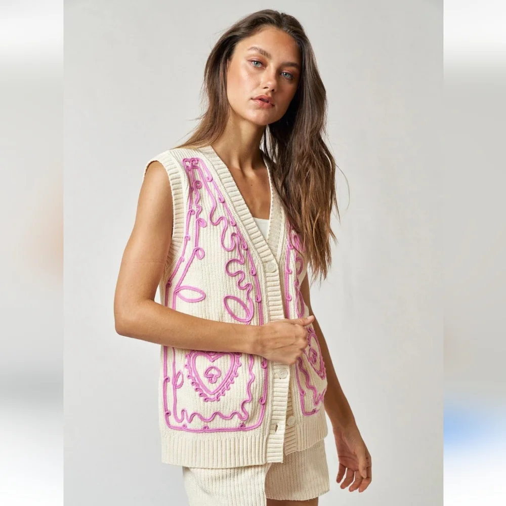 Lalavon NWT Women's Cream and Pink Embroidered V Neck Button Front Sweater Vest - Picture 2 of 14